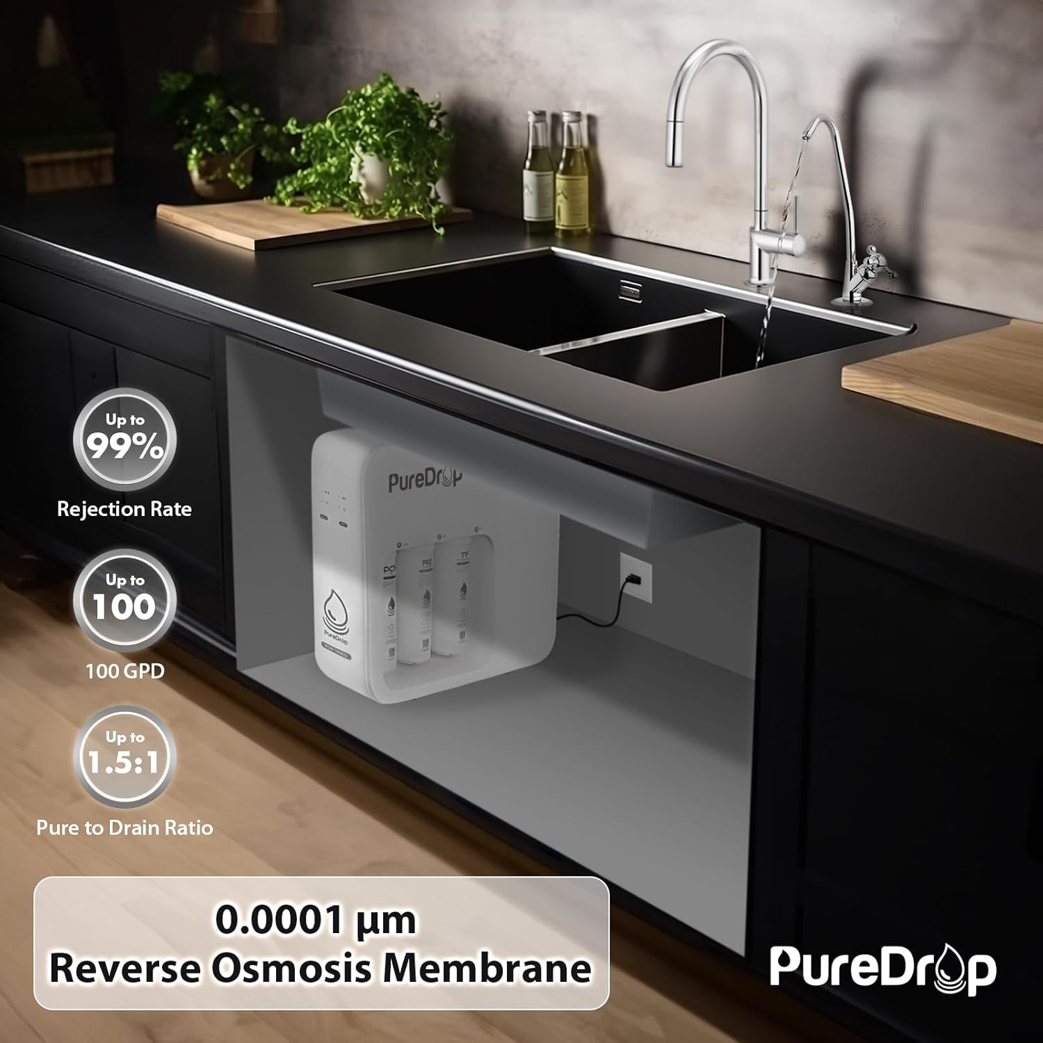 PureDrop PDR-100RO 3-Stage Under Sink Reverse Osmosis Drinking Water Filtration System, 100 GPD Fast Flow Built-in Tank RO Water Filter System, Reduce PFAS