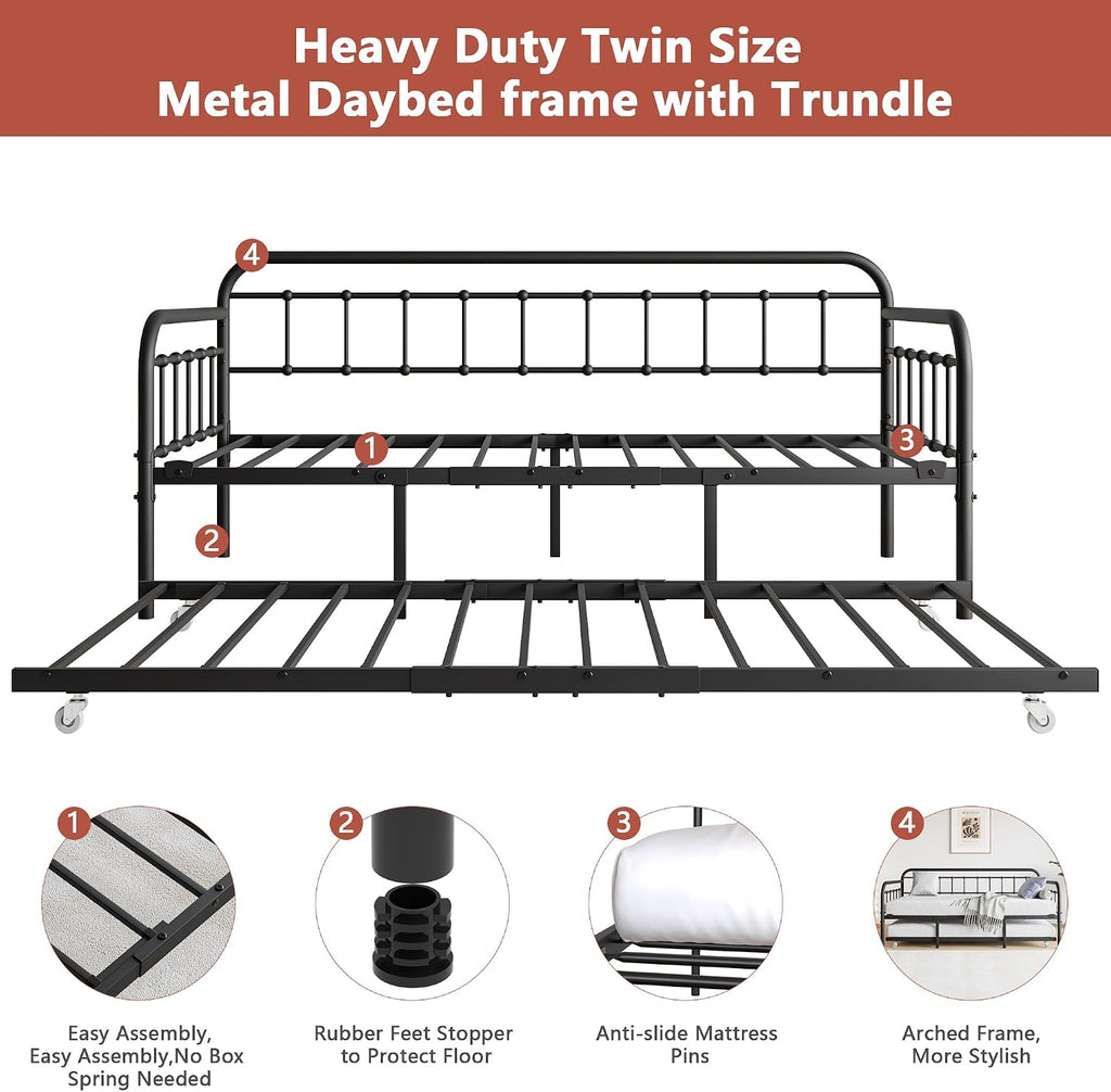 mikibama Twin Daybed with Trundle,Victorian Metal Daybeds with Pull Out Trundle,Vintage Guest Day Bed Frame Twin Size for Living Room,Bedroom,Apartment (Black with Trundle)
