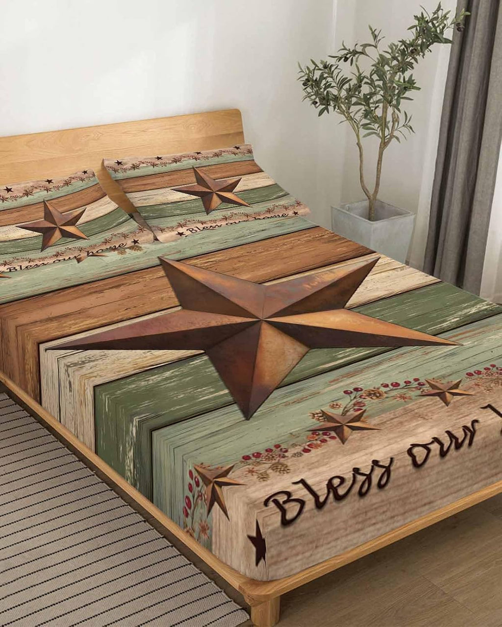 Western Texas Star Retro Cal King Sheet Set 4 Piece Bedding - Vintage Farmhouse Green Brown Wooden Breathable Comfy Cooling Bed Sheets & Pillowcase Sets, Hotel Flat Sheets Deep Pockets Fitted Sheet
