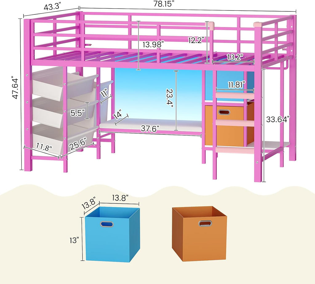 DICTAC Low Twin Size Loft Bed with Reading Corner and Bookshelf,Metal Twin Loft Bed with LED Lights,3 Sling Drawers&2 Movable Storage Bins,loft bed for Kids with 13.98'H Safety Guardrail & Stairs,Pink