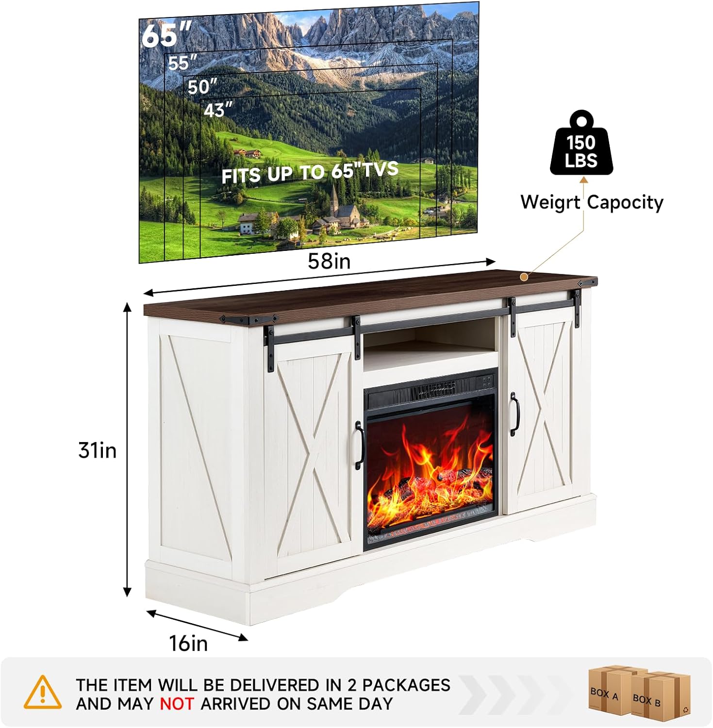 ROCKPOINT 58' Fireplace TV Stand for TV up to 65 Inch with Farmhouse Tall Sliding Barn Doors, Entertainment Center with Storage Cabinet, 23' Electric Fireplace with Remote, White