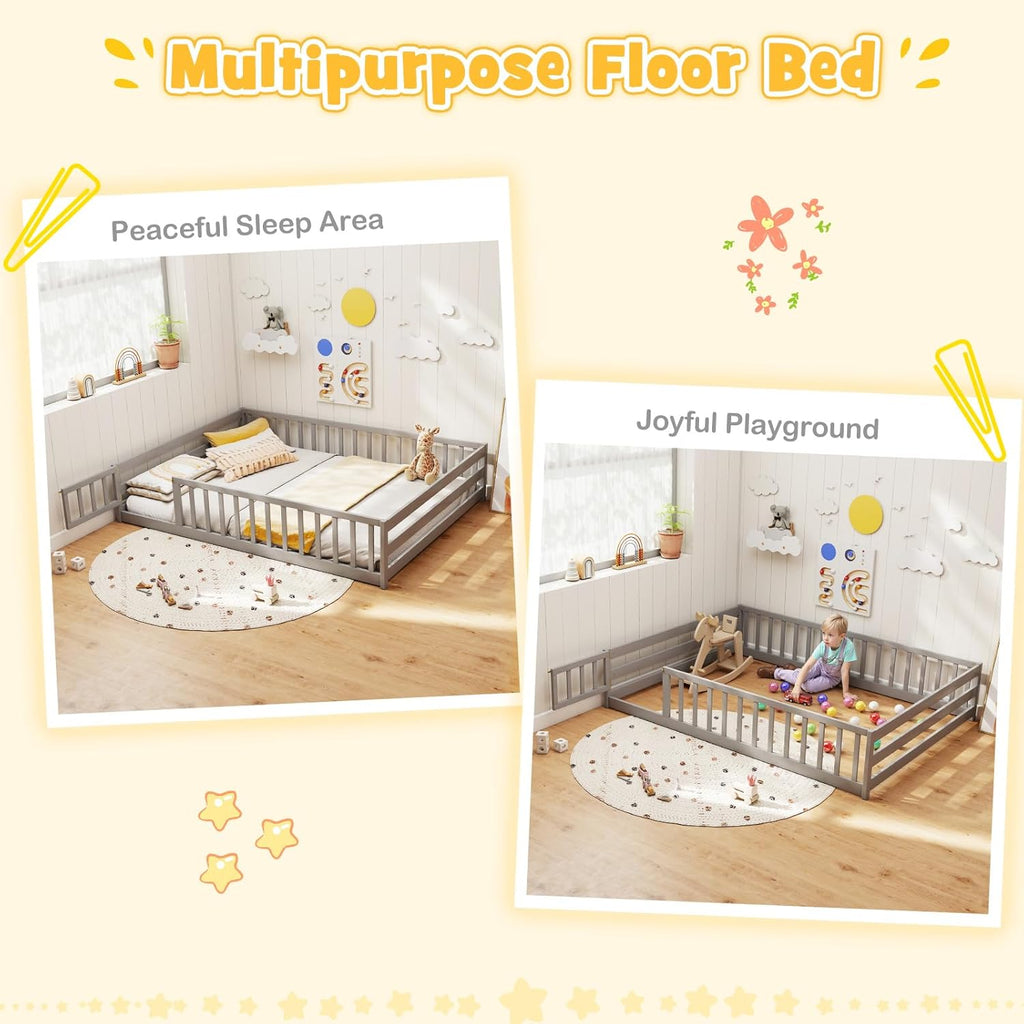 BECOMFORT Full Size Floor Bed for Kids, Kids Wood Bed Frame with Door, Latch & Safety Guardrails, Montessori Bed for Boys Girls
