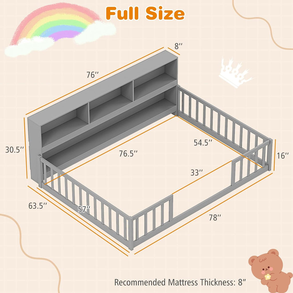BECOMFORT Full Size Floor Bed for Kids, 2-in-1 Kids Wood Bed Frame with Bedside Bookcase & Safety Guardrails, Montessori Bed for Boys Girls