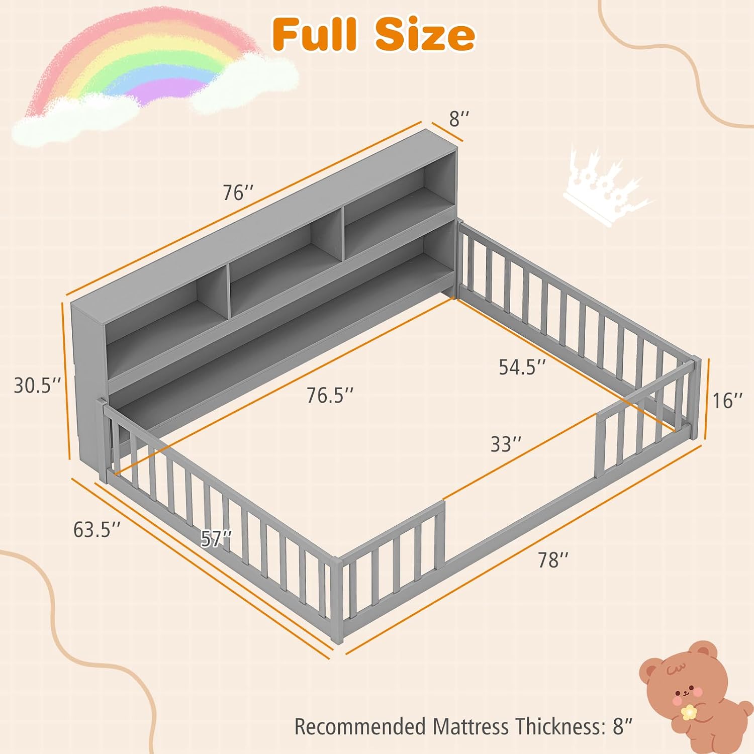 BECOMFORT Full Size Floor Bed for Kids, 2-in-1 Kids Wood Bed Frame with Bedside Bookcase & Safety Guardrails, Montessori Bed for Boys Girls