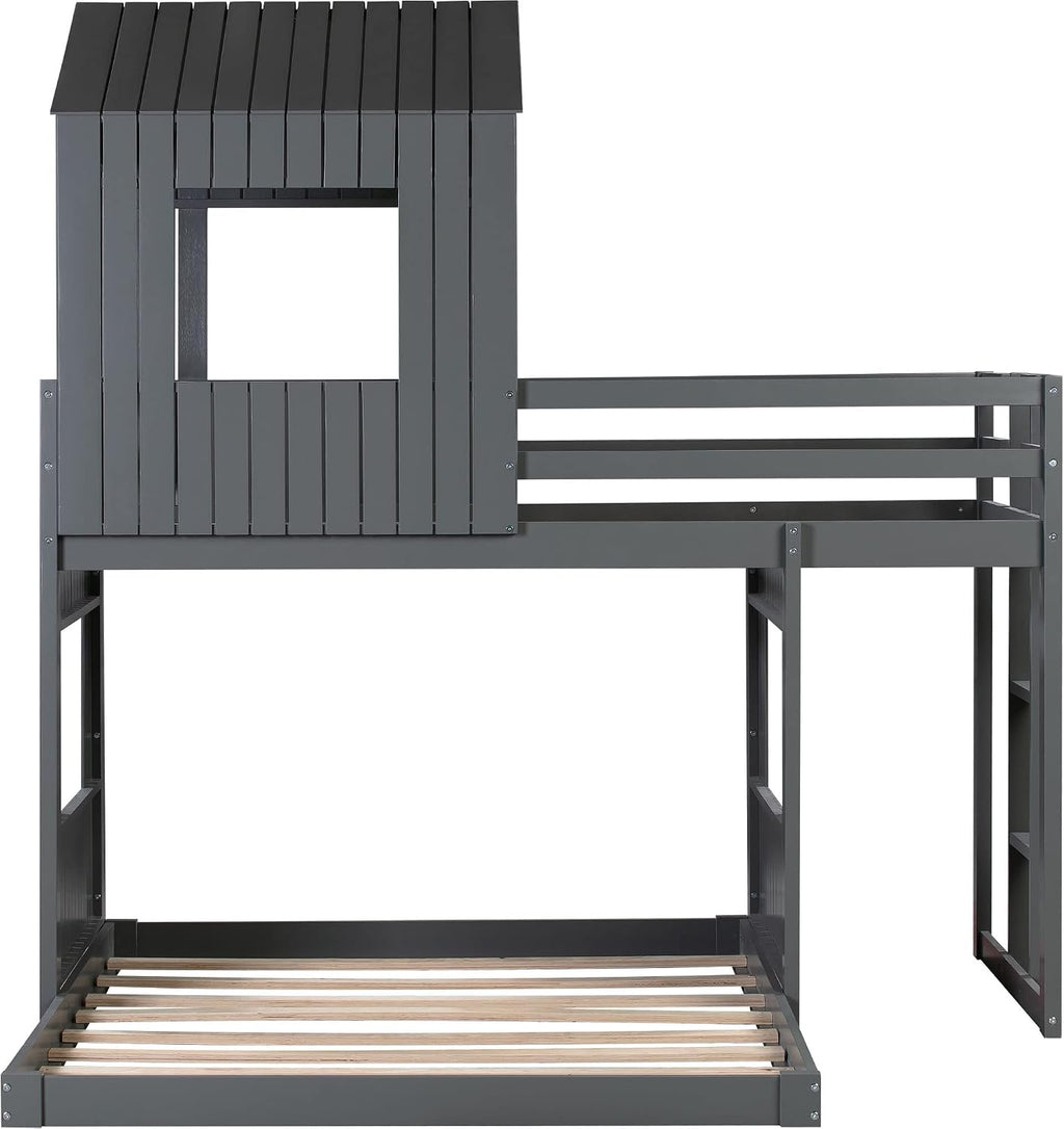 KLMM Twin Over Full Bunk Beds for Kids Toddlers, Wooden Play Farm House Bunk Bed with Roof Window Guardrail Ladder, for Girls Boys, No Spring Box Required (Gray-BUNK Bed-Twin-Full-4)