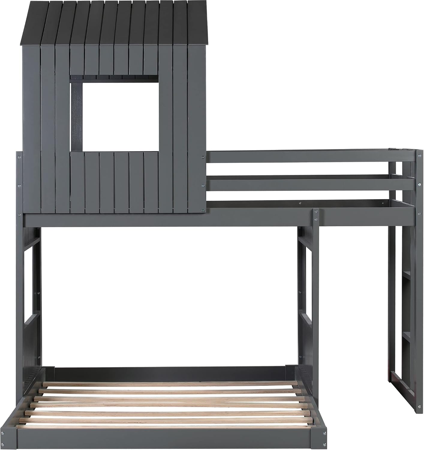 KLMM Twin Over Full Bunk Beds for Kids Toddlers, Wooden Play Farm House Bunk Bed with Roof Window Guardrail Ladder, for Girls Boys, No Spring Box Required (Gray-BUNK Bed-Twin-Full-4)