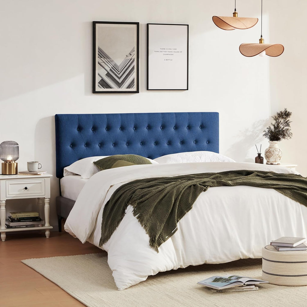 Huatean Home Tufted Upholstered Headboard Full Size, Solid Wood Head Board with Durable Metal Legs, Adjustable Height Full XL headboard from 37' to 51' Fabric Headboard in Modern Button Design, Blue