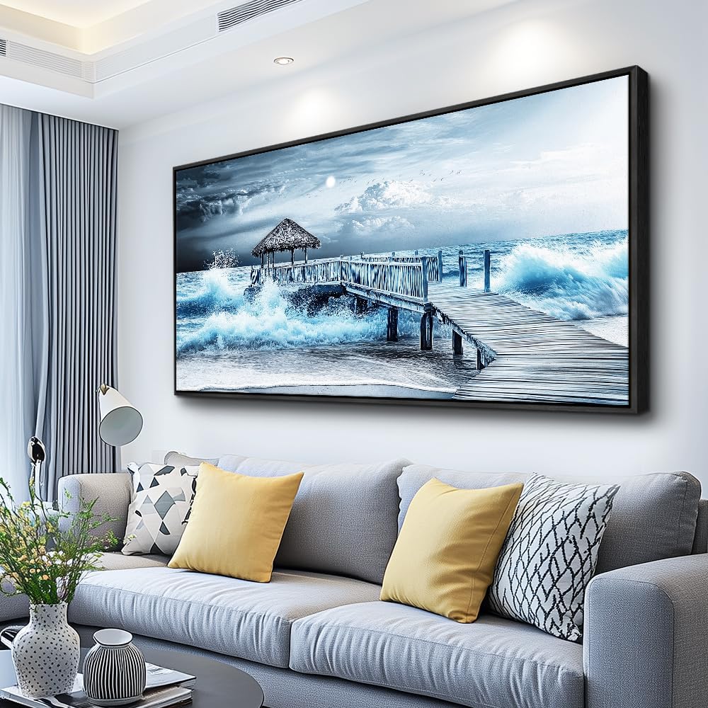 ERQINHUA Large Canvas Wall Decor For Living Room Wall Art For Bedroom Office Wall Decorations Black Frame Blue Wave Landscape Painting Artwork For Modern Stretched and Framed Beach Posters 24'X48'