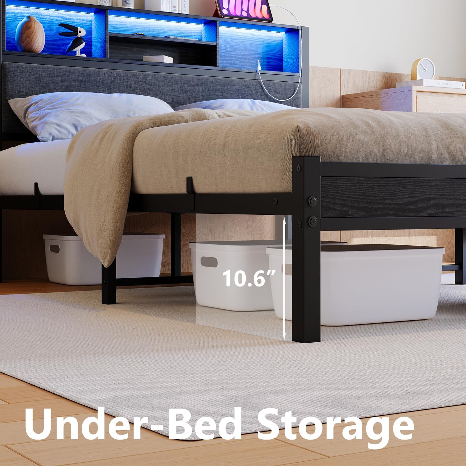 Full Size Bed Frame with Upholstered Headboard and Storage Shelves, Bed Frame with Charging Station and LED Lights,Metal Platform Bed Frame,No Box Spring Needed,Noise Free,Easy Assembly,Black
