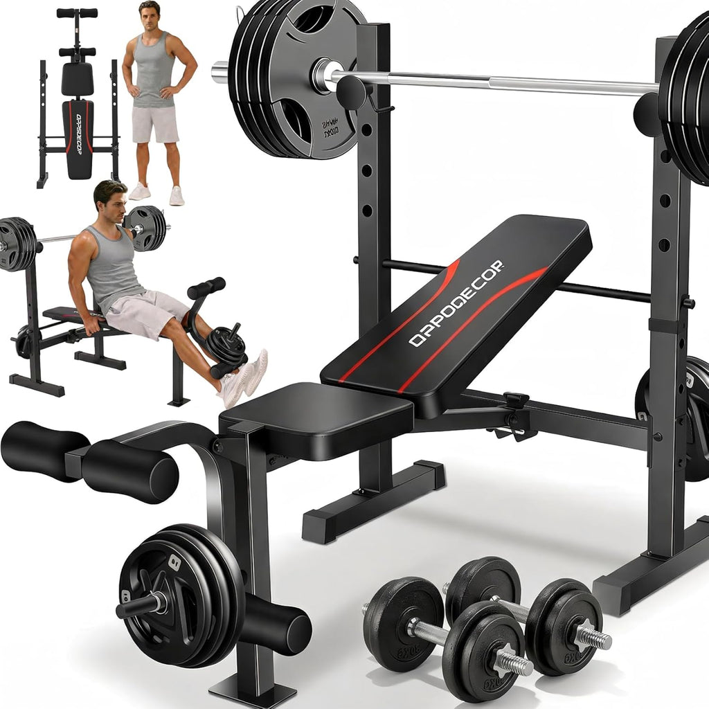 OPPSDECOR Adjustable Weight Bench Set with Squat Rack, 3 Sec Folding Workout Bench for Full Body Exercise, 600LBS All-in-One Bench Press with Leg Curl & Leg Extension, Incline Decline Flat Home Gym Bench for Teens Adults