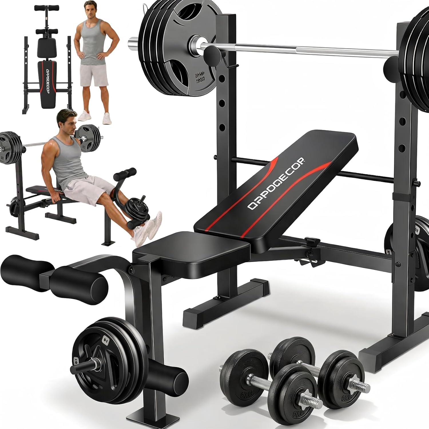 OPPSDECOR Adjustable Weight Bench Set with Squat Rack, 3 Sec Folding Workout Bench for Full Body Exercise, 600LBS All-in-One Bench Press with Leg Curl & Leg Extension, Incline Decline Flat Home Gym Bench for Teens Adults