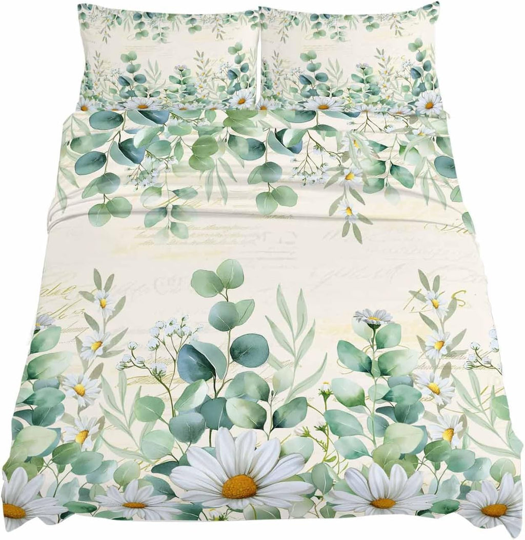 Green Eucalyptus Leaves Cal King Sheet Set 4 Piece Bedding - Daisy Summer Botanical Farmhouse Breathable Comfy Cooling Bed Sheets & Pillowcase Sets, Hotel Luxury Flat Sheets Deep Pockets Fitted Sheet