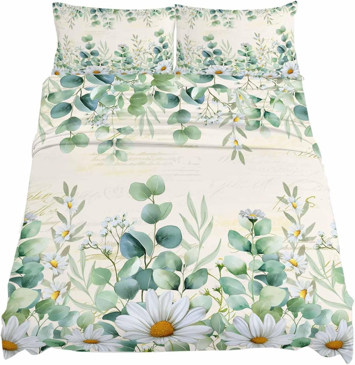 Green Eucalyptus Leaves Cal King Sheet Set 4 Piece Bedding - Daisy Summer Botanical Farmhouse Breathable Comfy Cooling Bed Sheets & Pillowcase Sets, Hotel Luxury Flat Sheets Deep Pockets Fitted Sheet