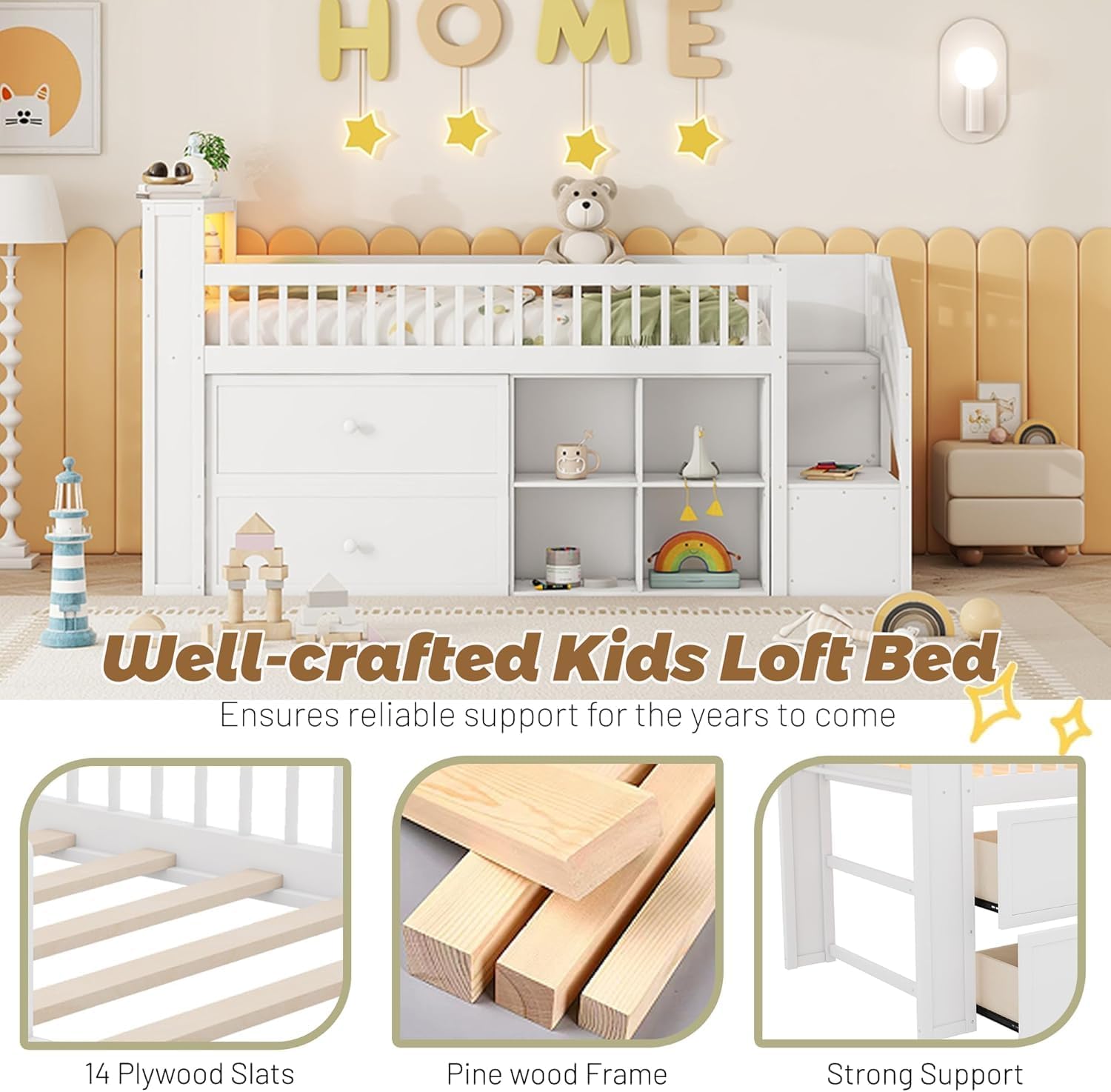 Twin Low Loft Bed with LED Lights, Loft Bed Frame for Kids with 2 Storage Drawers & Bookcase Headboard, Solid Wood Loft Beds with Stairs and Safety Guardrail for Junior Girls Boys (White)