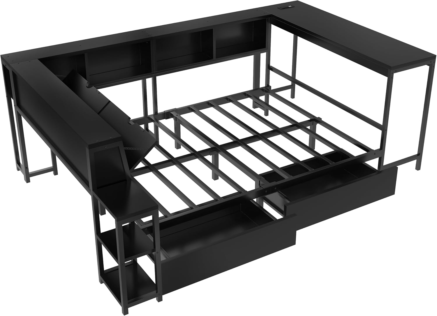Bellemave Twin Size Corner Bed Frame with Desk and Storage Drawers,Twin Metal Platform Corner Bed Frame with Charging Station and LED Lights, Twin Daybed for Kids Teens Guests,Black