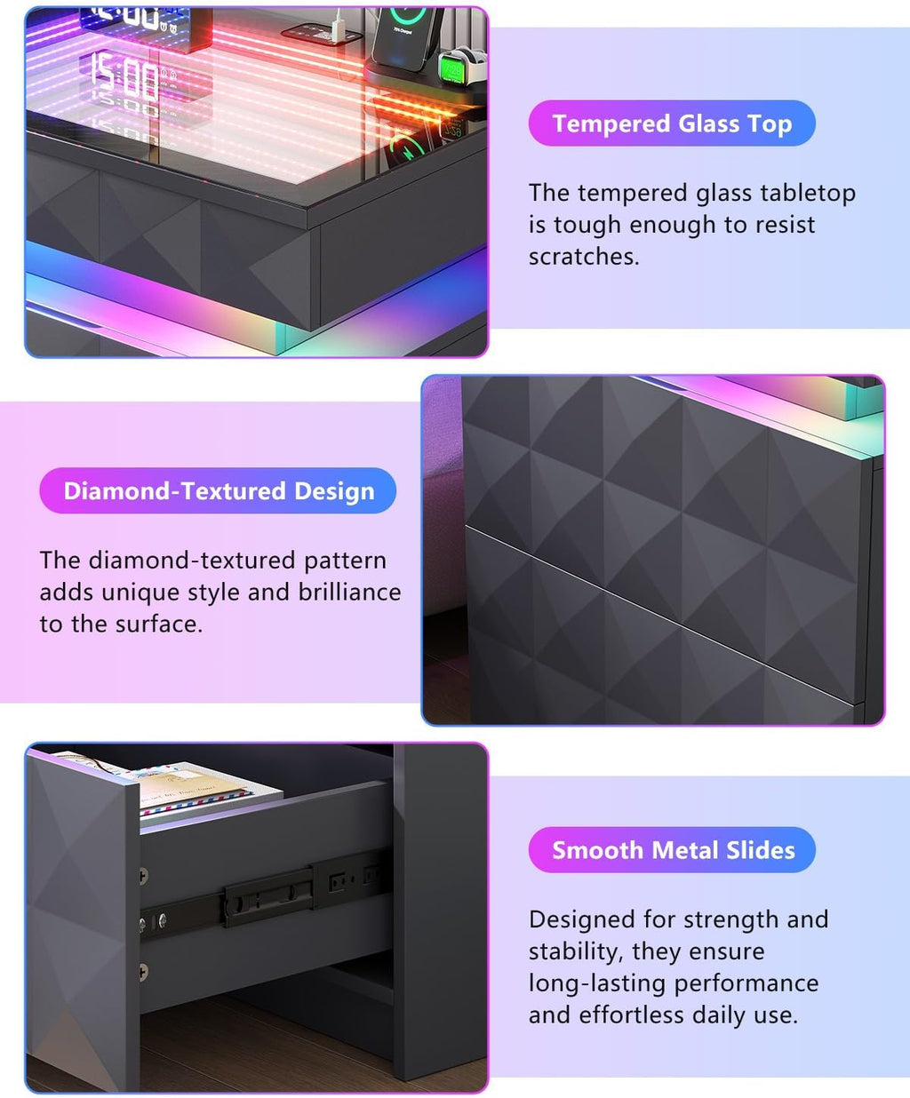 Night Stand Set 2 with Charger Station & RGB Lights, 3 Drawers Bedside Table with Sliding Top, Modern Night Stands with Human Body Sensor for Bedroom, Grey