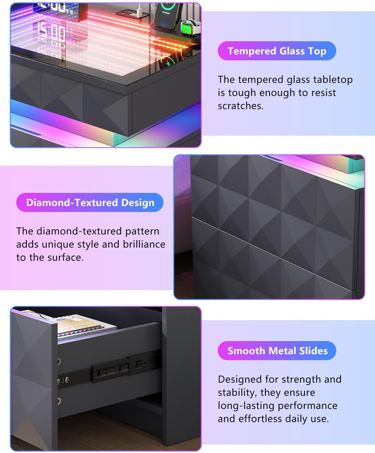 Night Stand Set 2 with Charger Station & RGB Lights, 3 Drawers Bedside Table with Sliding Top, Modern Night Stands with Human Body Sensor for Bedroom, Grey