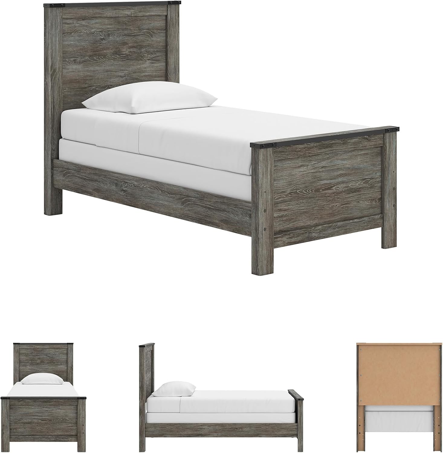 Signature Design by Ashley Frandern Industrial Panel Bed with Nailhead Accents, Foundation or Box Spring Needed, Twin, Gray