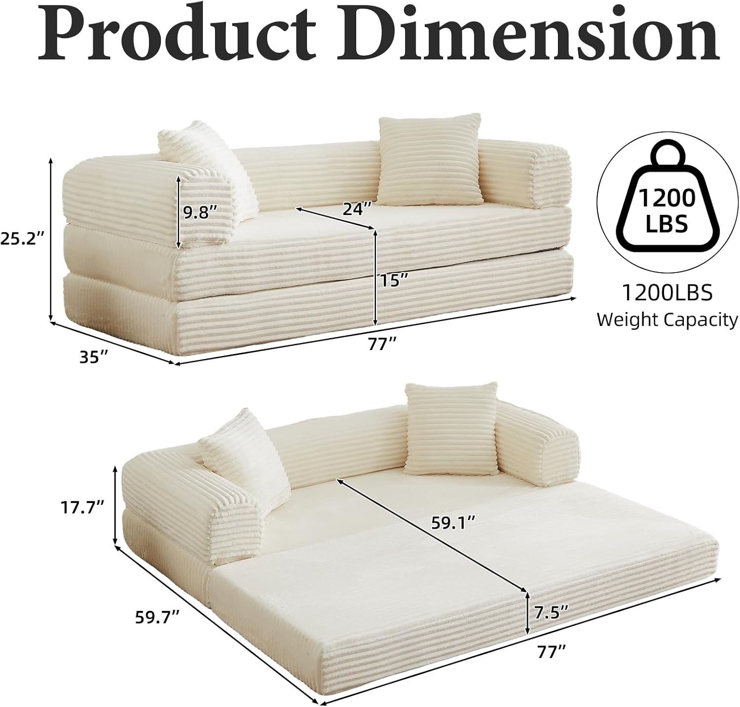 Convertible Folding Sofa Bed,Fold Out Floor Sofa Couch with Fixed-Shape Frame,Corduroy Foldable Mattress Cloud Couch for Living Room Bedroom (Off White, 78 Inch)