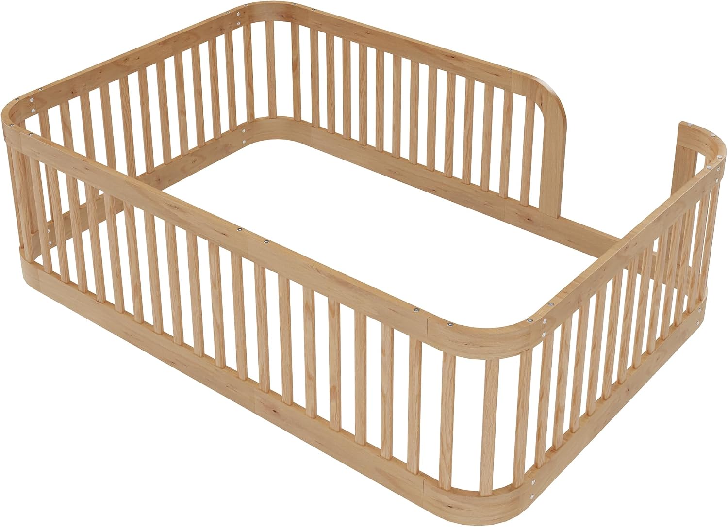 Full Size Wood Floor Bed with Fence, Playful Design Montessori Floor Bed with Guardrail, Without Slats, Easy Assembly (Natural//Full,124)