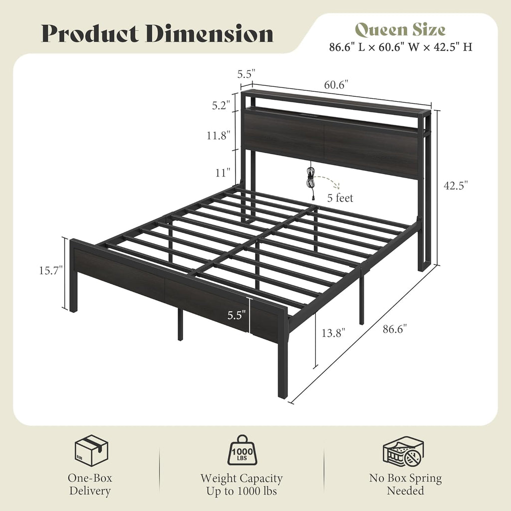 AMERLIFE Queen Size Bed Frame with Storage Headboard & Charging Station, Industrial Metal Platform Bed with Large Under-Bed Storage, Heavy Duty Slats, No Box Spring Needed, Black