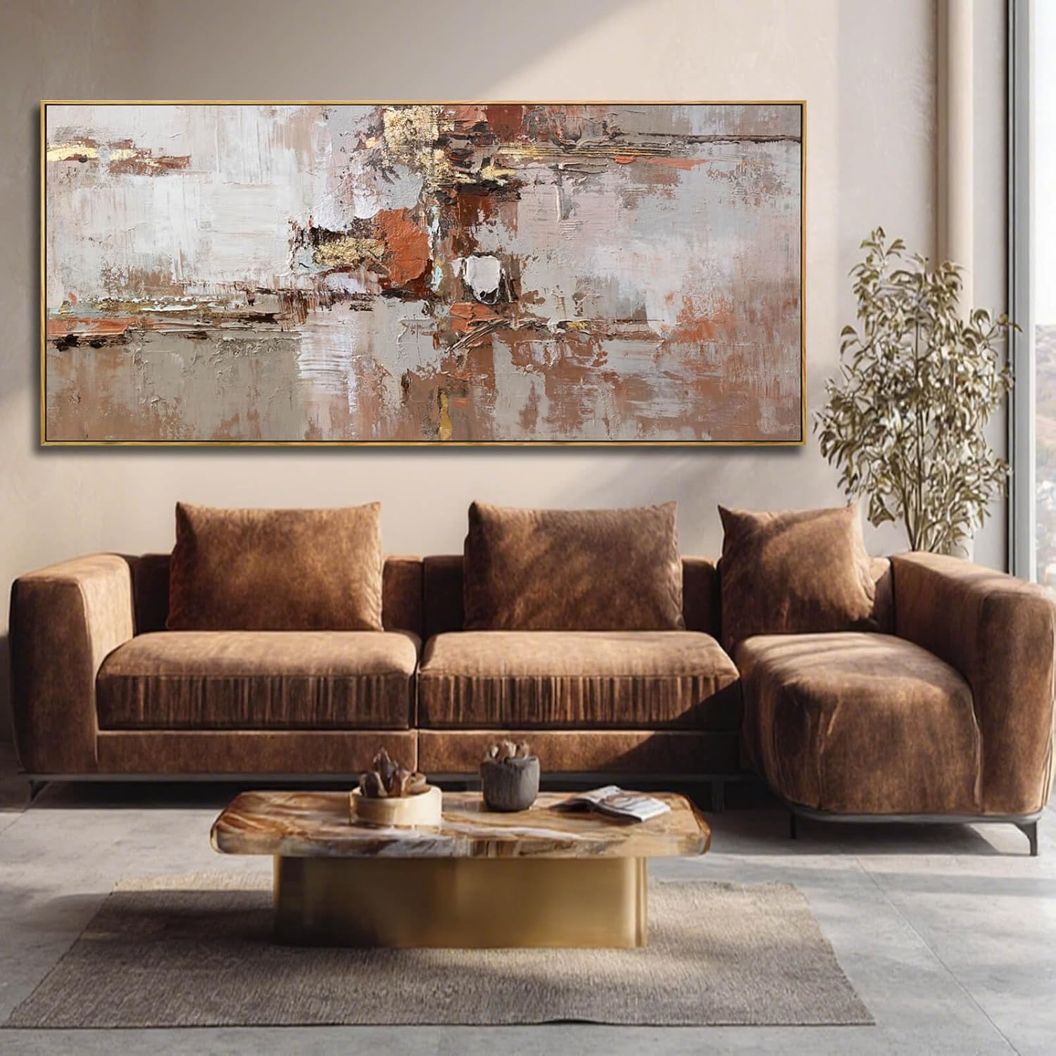 Brown and Gold Canvas Wall Art Colorful Abstract Minimalist Framed Prints for Wall Decor 32'x70' Large Artwork for Living Room Bedroom Kitchen Office