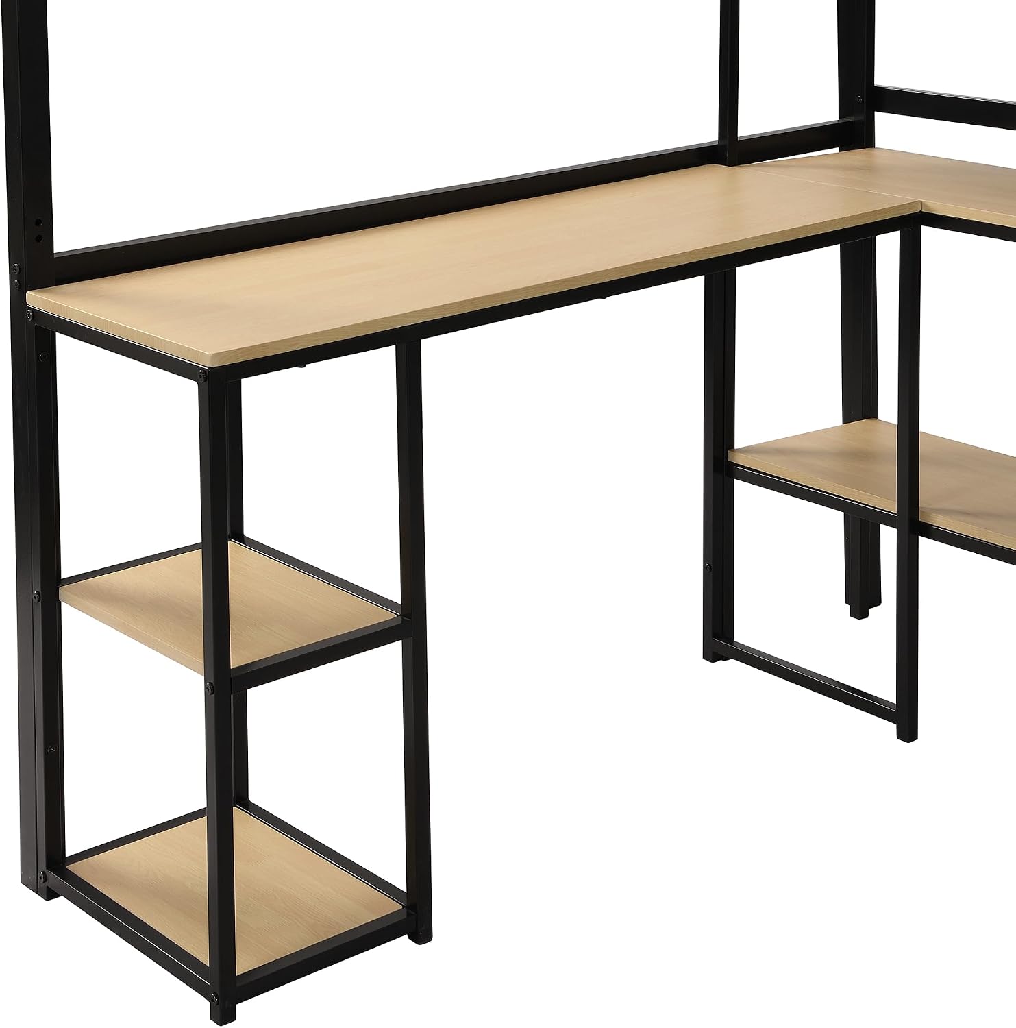 JIVOIT Metal Loft Bed with Storage Staircase, Full Size Loft Bed with Built-in Desk and 3-Tier Storage Shelves, Space-Saving 3 in 1 Design Metal Loft Bed with Guardrails, No Box Spring Needed