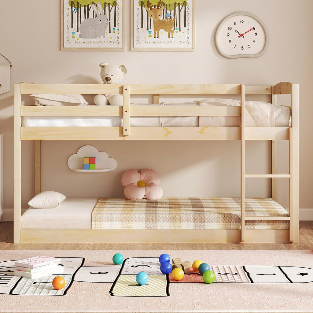 KOMFOTT Low Bunk Bed Twin Over Twin, Solid Wood Twin Bed Frame with Built-in Ladder & Safety Guardrails, Space-Saving Low Bunk Bed for Kids, Teens, No Box Spring Needed