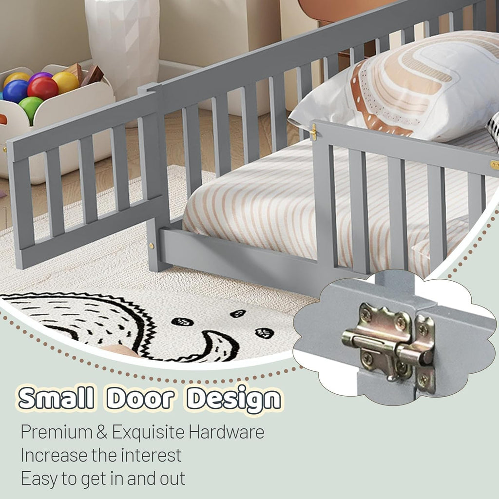 Queen Size Floor Bed, Wooden Montessori Bed Frame with Door, Montessori Floor Queen Bed with Rails for Boys and Girls, No Box Spring Needed, Grey