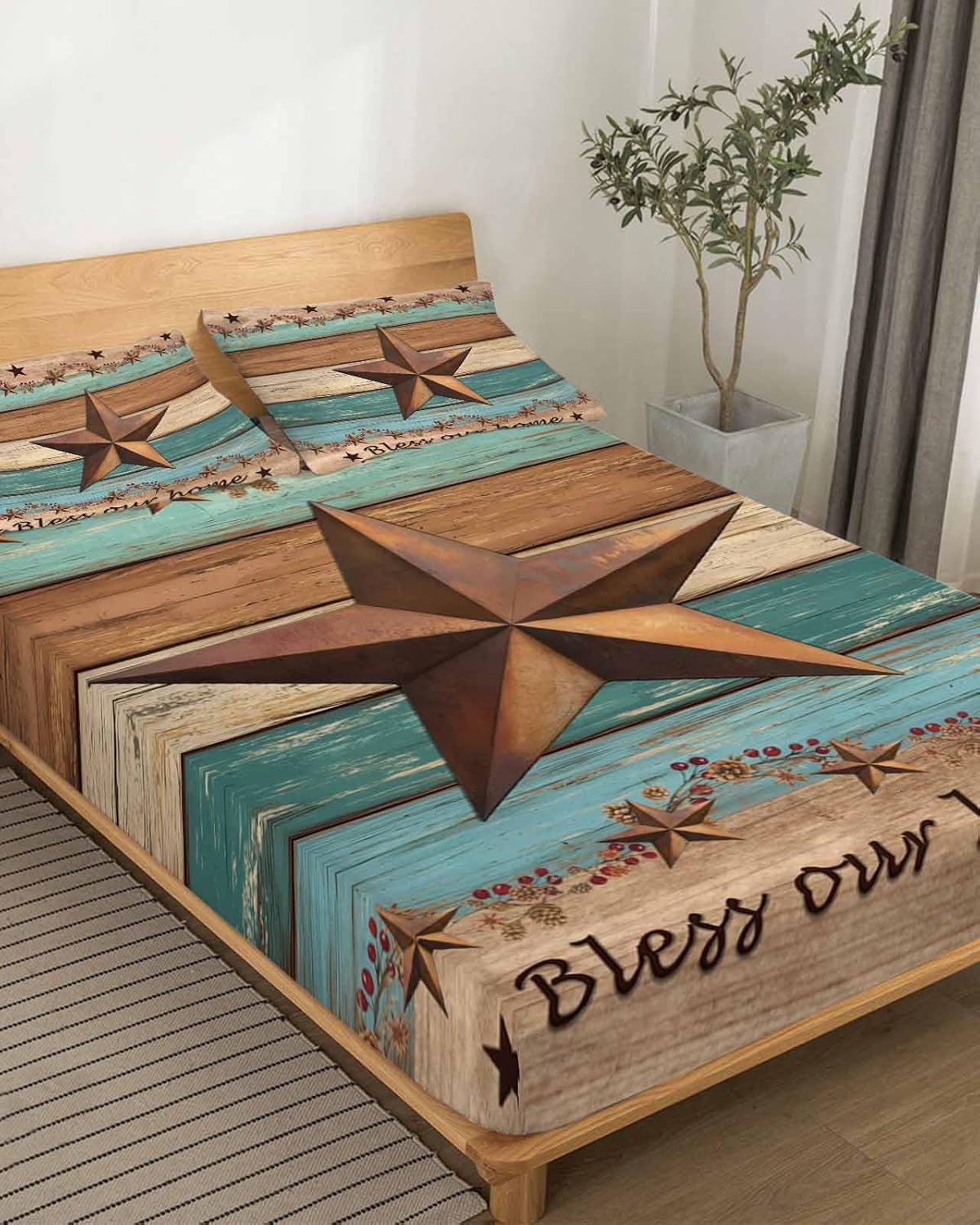Western Texas Star Retro Cal King Sheet Set 4 Piece Bedding - Country Farmhouse Teal Brown Wood Grain Breathable Comfy Cooling Bed Sheets & Pillowcase Sets, Hotel Flat Sheets Deep Pockets Fitted Sheet