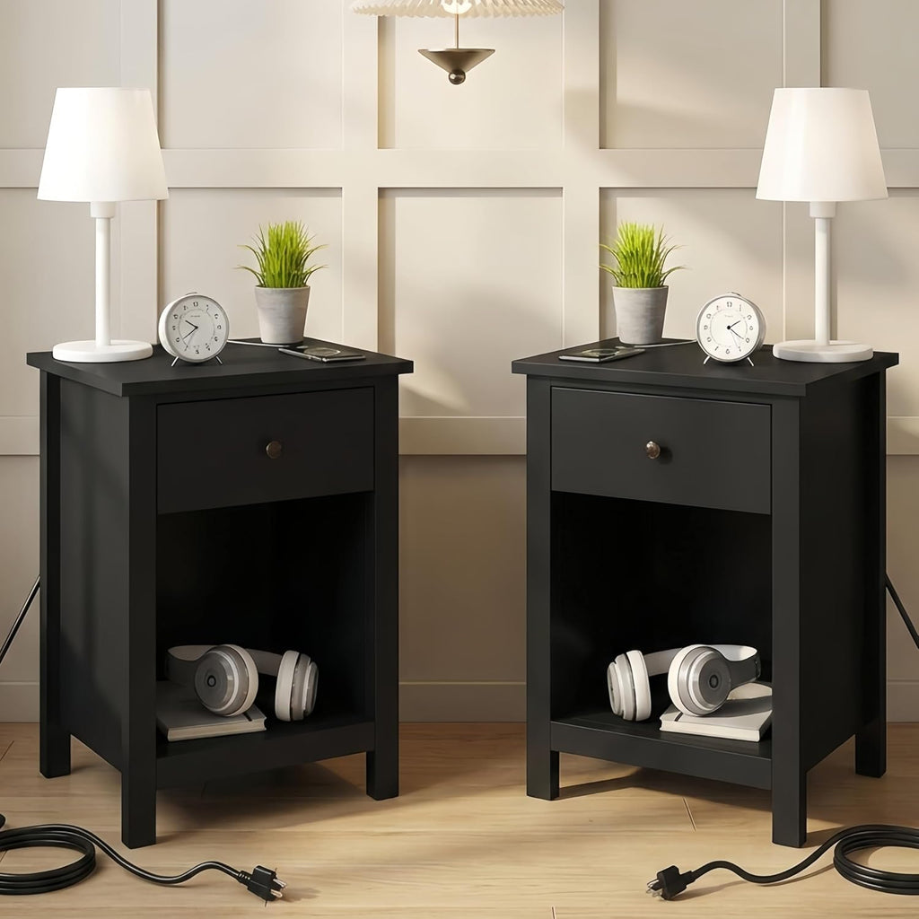 ChooChoo Black Nightstand Set of 2,Night Stand with Charging Station, Wooden Top Bedside End Table with Drawer and Storage Space for Bedroom