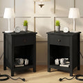 ChooChoo Black Nightstand Set of 2,Night Stand with Charging Station, Wooden Top Bedside End Table with Drawer and Storage Space for Bedroom