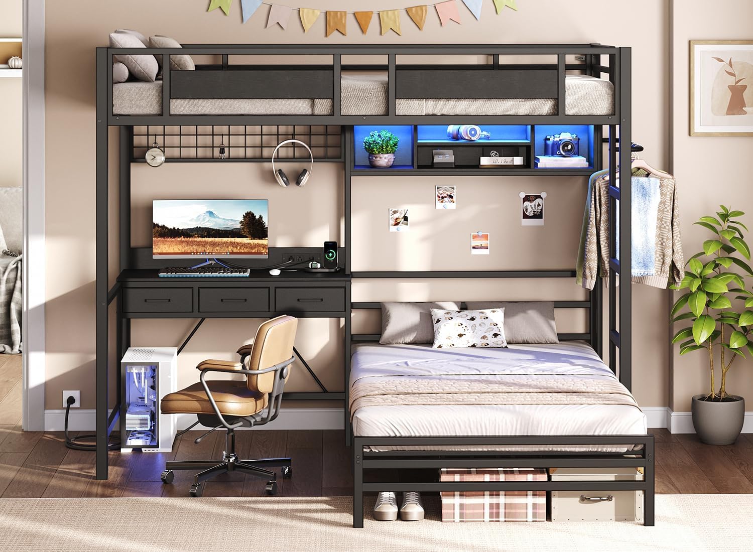 RALGEND Twin Over Twin Bunk Bed with Desk with 3 Drawers & Storage Shelves, Twin Bunk Bed with Charging Station & LED Lights, Bunk Bed with Guardrail & Ladder for Kids, Teens, Small Spaces, Black