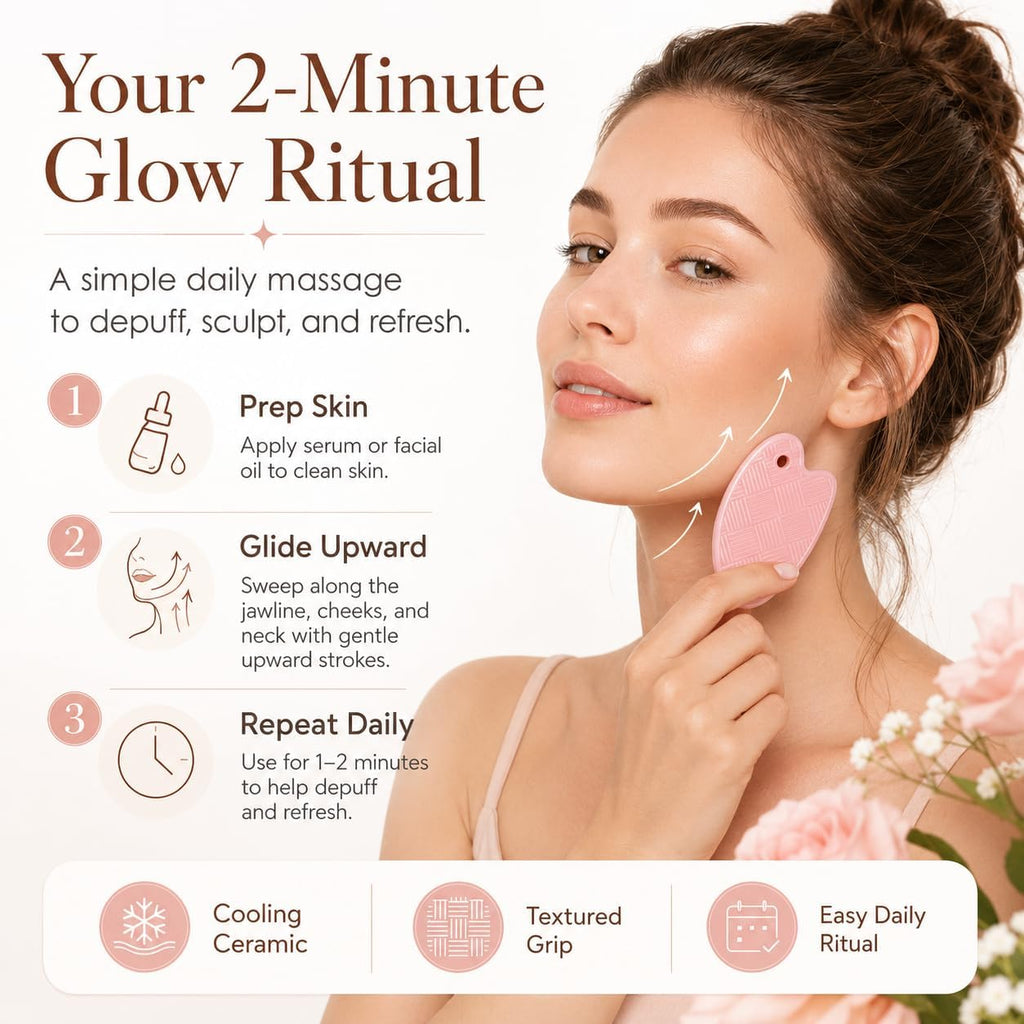Gua Sha Facial Tool, Made with Premium Gold and Natural Ceramic Stone Face Massager for Jawline Sculpting, Puffiness & Lymphatic Drainage, Guasha Skin Care Tool for Women (Black)