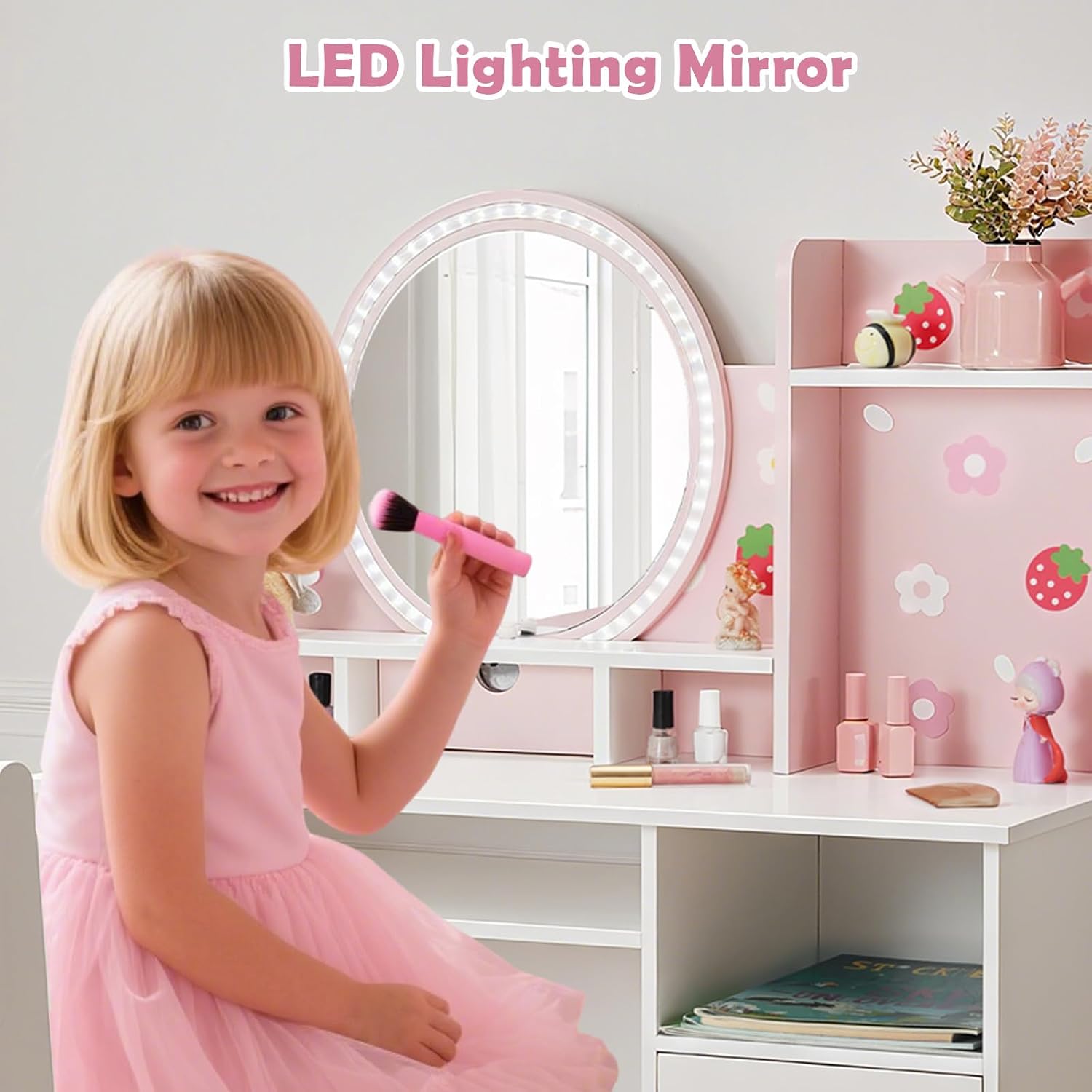 JOYLDIAS Kids Vanity with Lights, Pink Girls Makeup Vanity with Open Bookshelf, Storage Cabinet & Shelves, 2 in 1 Toddler Vanity Desk and Chair Set, Dressing Table for Kids 3+