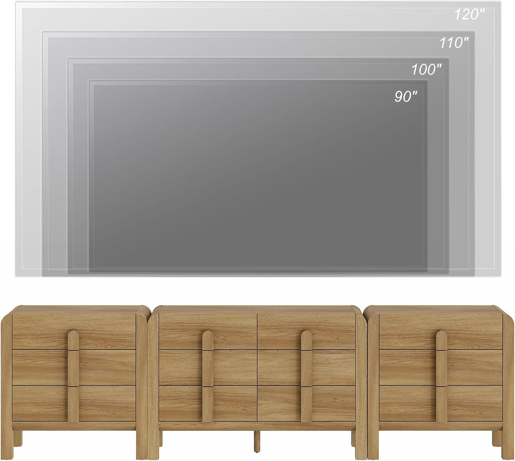 WAMPAT 3 Piece Bedroom Dresser Set, 110.2' Wide 12 Drawers Wood Dresser, Mid-Century Modern Storage Chest with Curved Handles for Bedroom, Living Room (Light Walnut)