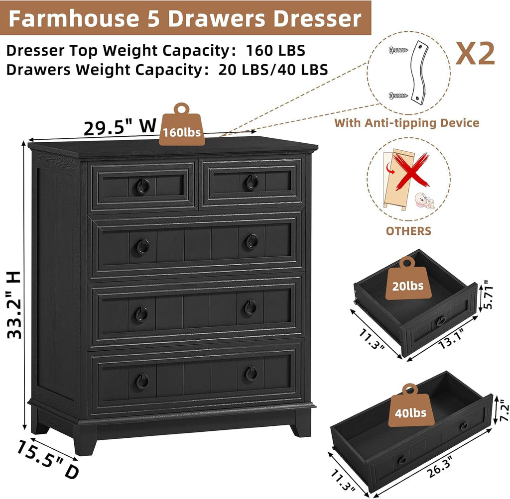 Joaxswe Farmhouse 5 Drawer Dresser for Bedroom Set of 2, 33.2' Tall Small Dressers & Chest of Drawers, Rustic Wood Dresser with Metal Handle, Storage Organizer Closet for Living Room, Hallway,Entryway