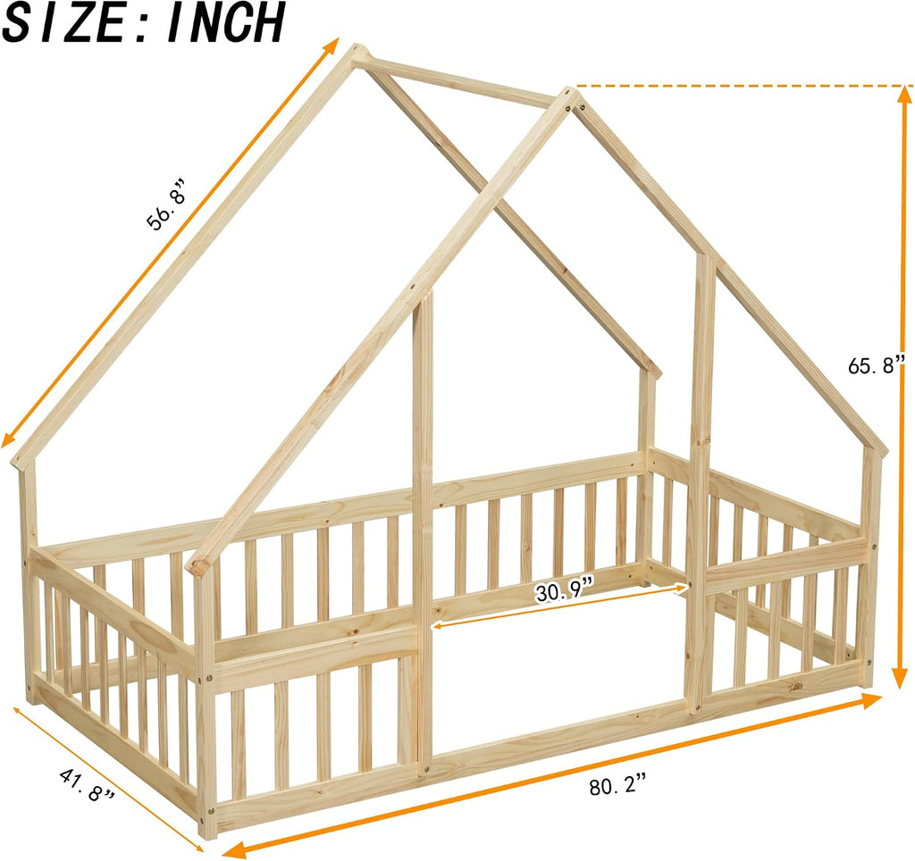 JIVOIT House Bed Twin Size Floor Bed, Wood House-Shaped Floor Bed with Fence Guardrails, Wood House Roof Frame, Montessori Bed Frame (Natural-Twin,129)