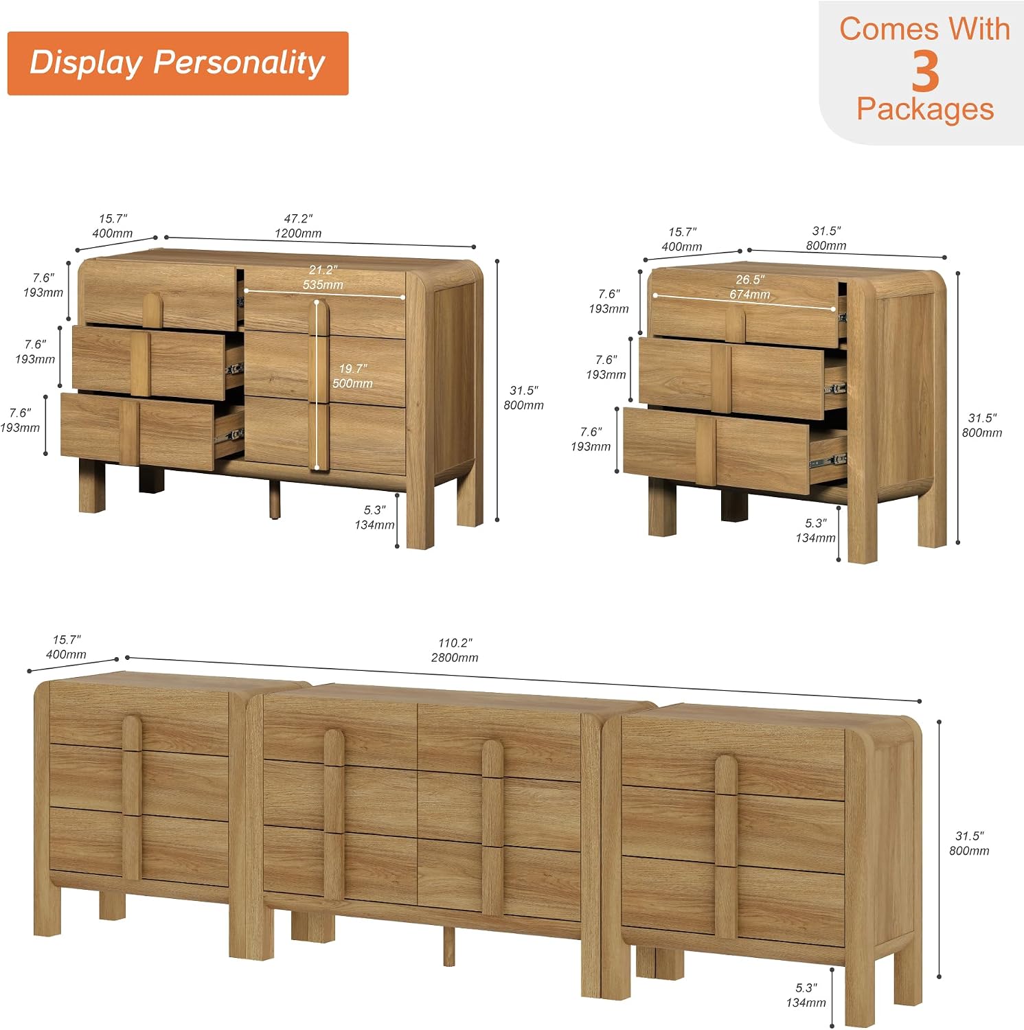 WAMPAT 3 Piece Bedroom Dresser Set, 110.2' Wide 12 Drawers Wood Dresser, Mid-Century Modern Storage Chest with Curved Handles for Bedroom, Living Room (Light Walnut)