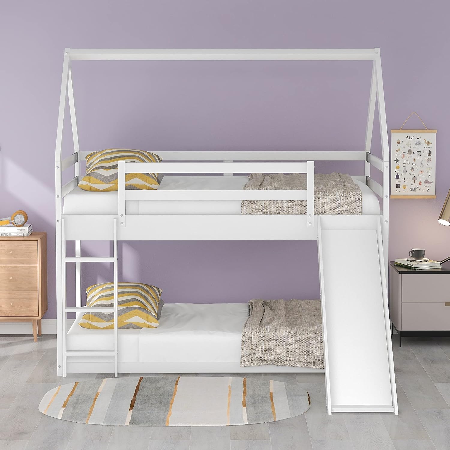 Bunk Bed for Kids Toddlers, Twin Over Twin House Shape Bunk Beds Frame with Slide, Can be Decorated Tent, Boys Girls Bedroom Dormitory Furniture (White-House Shape)