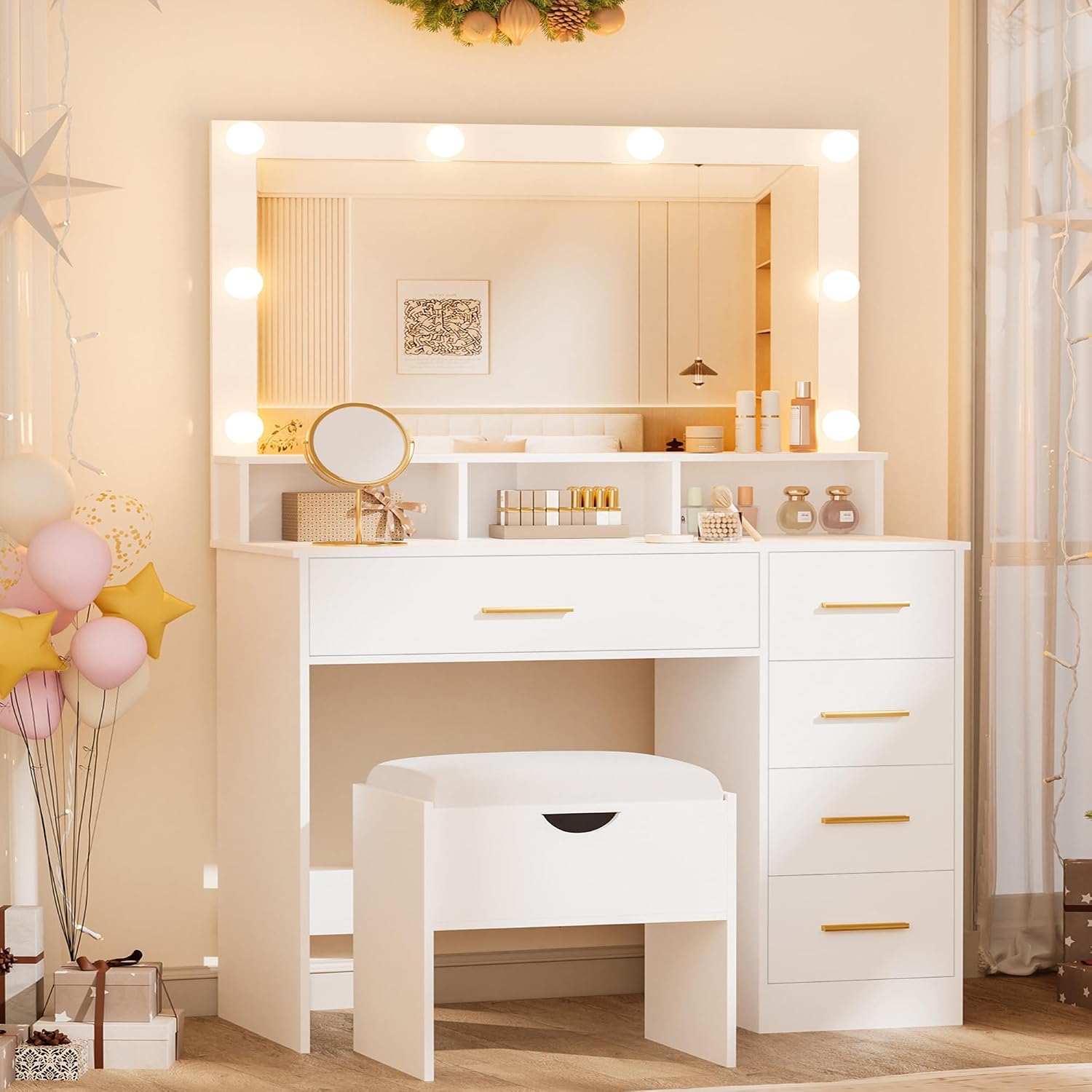 ERLEJIA Vanity Desk with Mirror and Lights, 35.43' Large Mirror Makeup Table with Stool, 5 Drawers Dressing Table for Girls and Ladies Bedroom, White and Gold