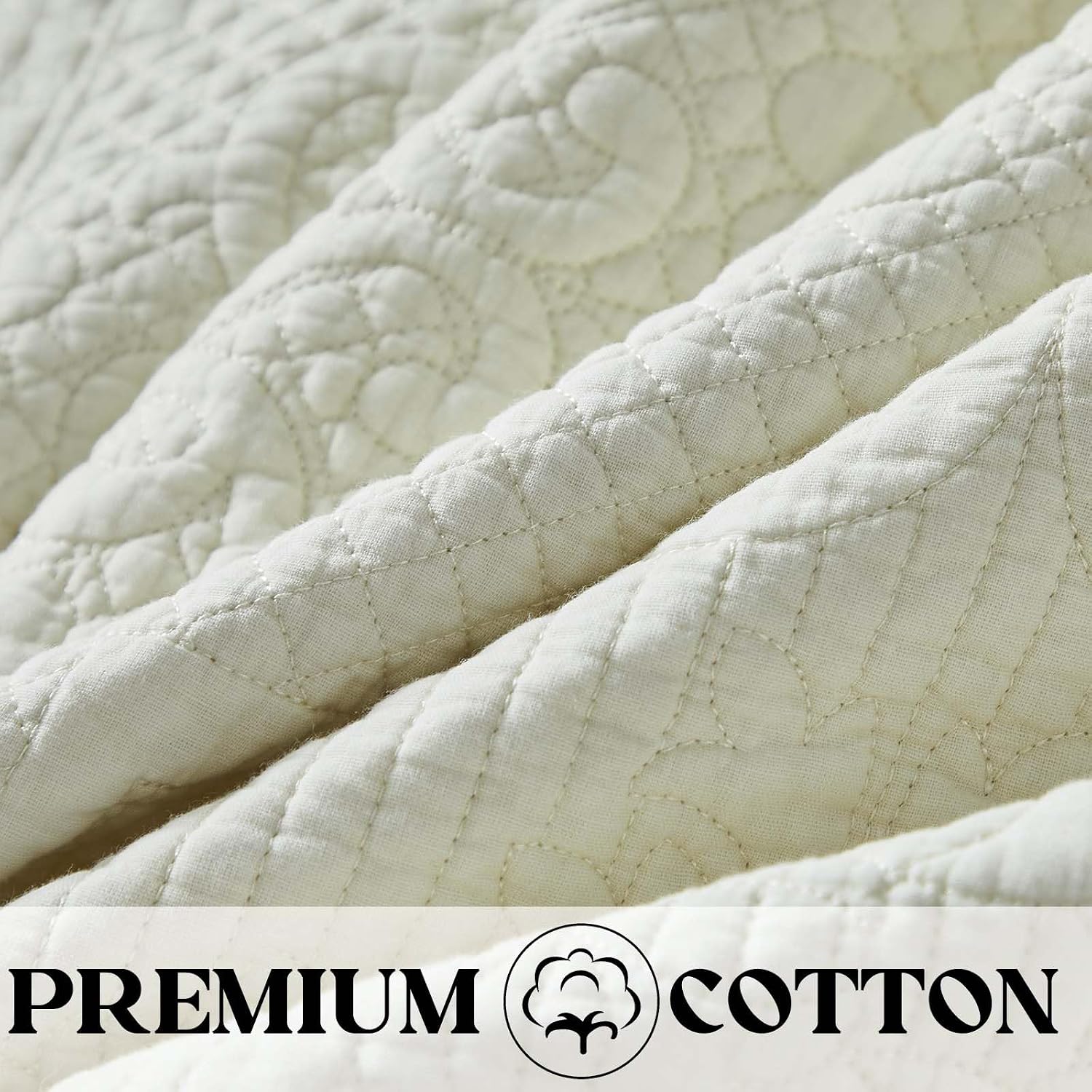 Brandream King Size Quilt Set Cotton Scalloped Quilt Cream Yellow 3 Piece | Real Stitching