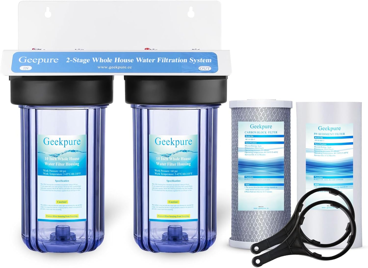 Geekpure 2 Stage Whole House Water Filter System with 10-Inch Big Clear Housing PP and Carbon Filters-1'NPT