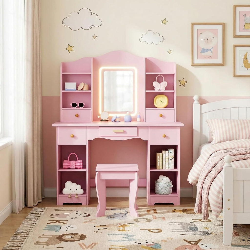 Arlopu Kids Vanity with 3-Color Lights, Girls Vanity Set w/Large Storage, Mirror ＆ Stool, 2 in 1 Princess Wooden Pretend Play Makeup Desk, Dressing Table and Chair, Open Shelves, Drawer (Pink)