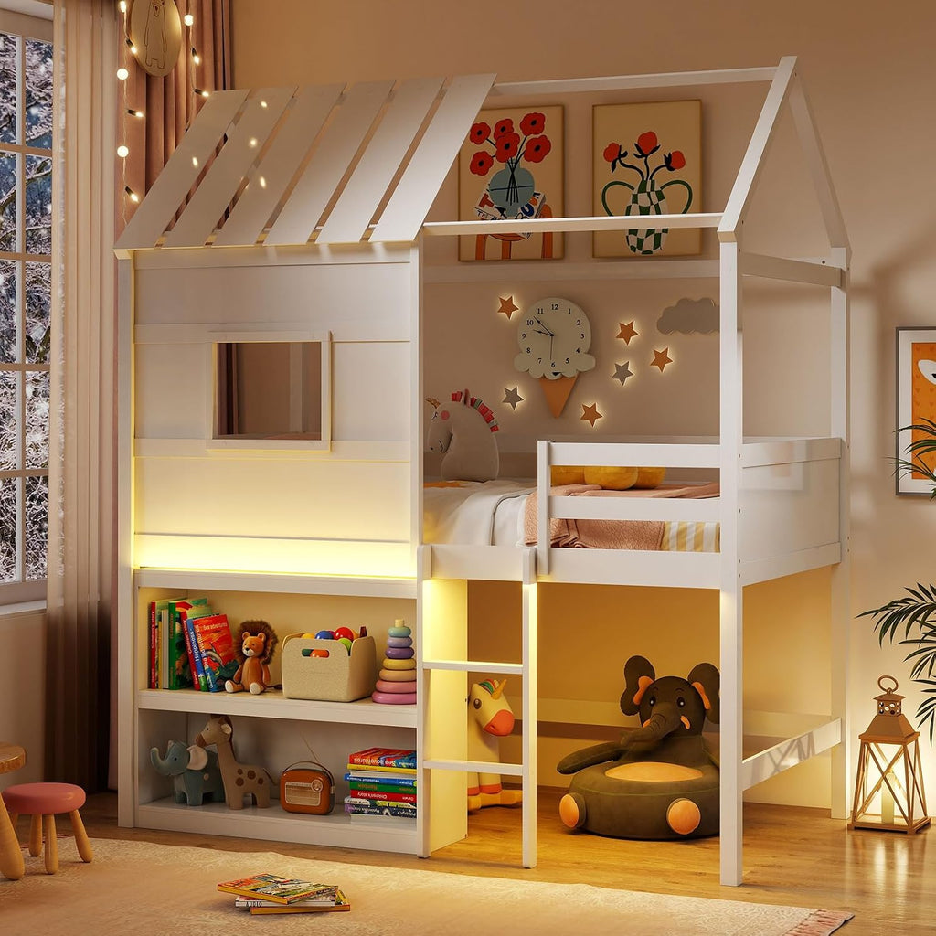 Giantex Twin Size House Loft Bed, Low Loft Bed with Roof, Window, LED Lights & Storage Bookshelf, Solid Wood Bedframe w/Ladder, Safety Guardrail, Under-Bed Play Space for Kids Boys Girls, White