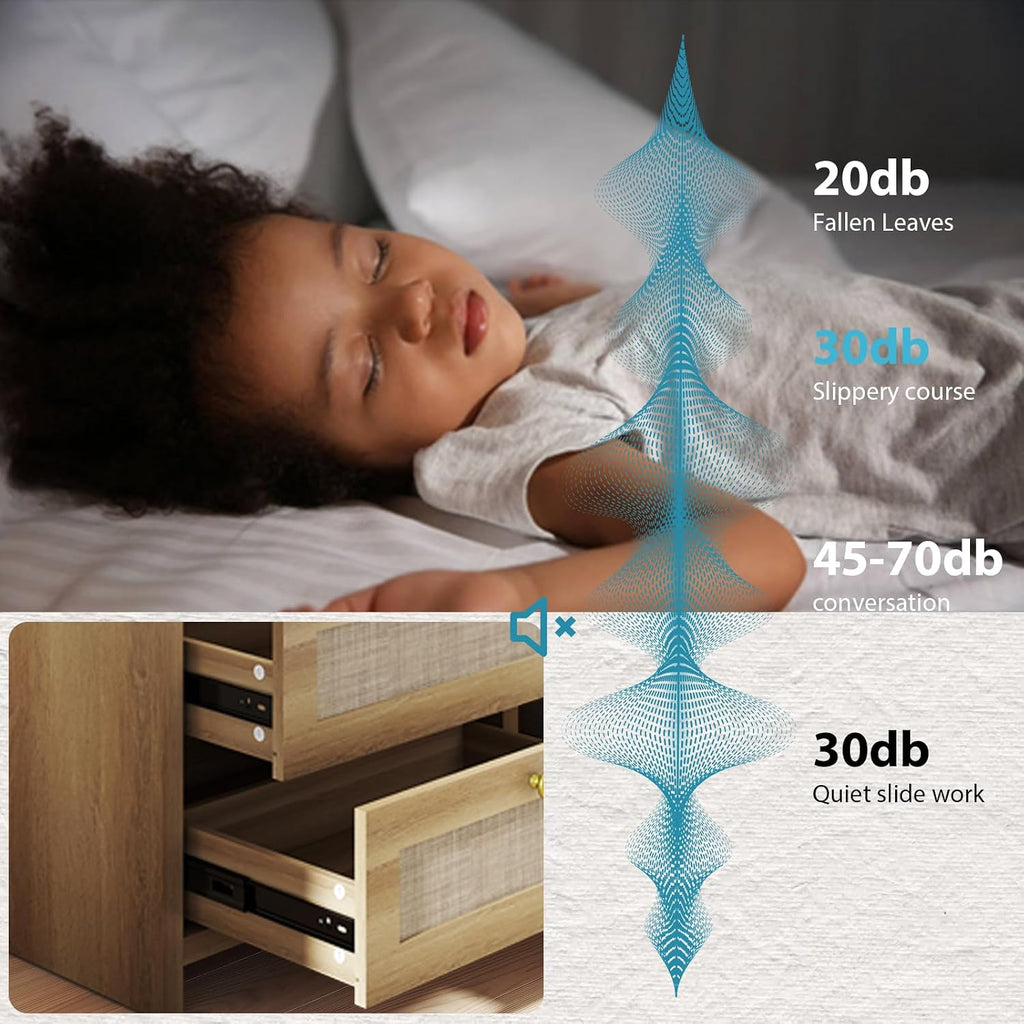 LubanNese 23.6' Nightstand, Boho Wooden Bedside Table with Charging Station for Bedroom, Farmhouse Rustic Large Wide Night Stands with 2 Soft Close Drawers, Oak