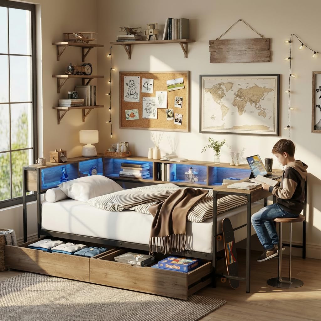 Twin Corner Bed Frame with Desk and Storage Bookcase, L- Shaped Daybed with 2 Drawers, LED Lights & 2 Charging Station, Modern Metal Twin Size Platform Bed for Kids/Teen Bedroom, Brown
