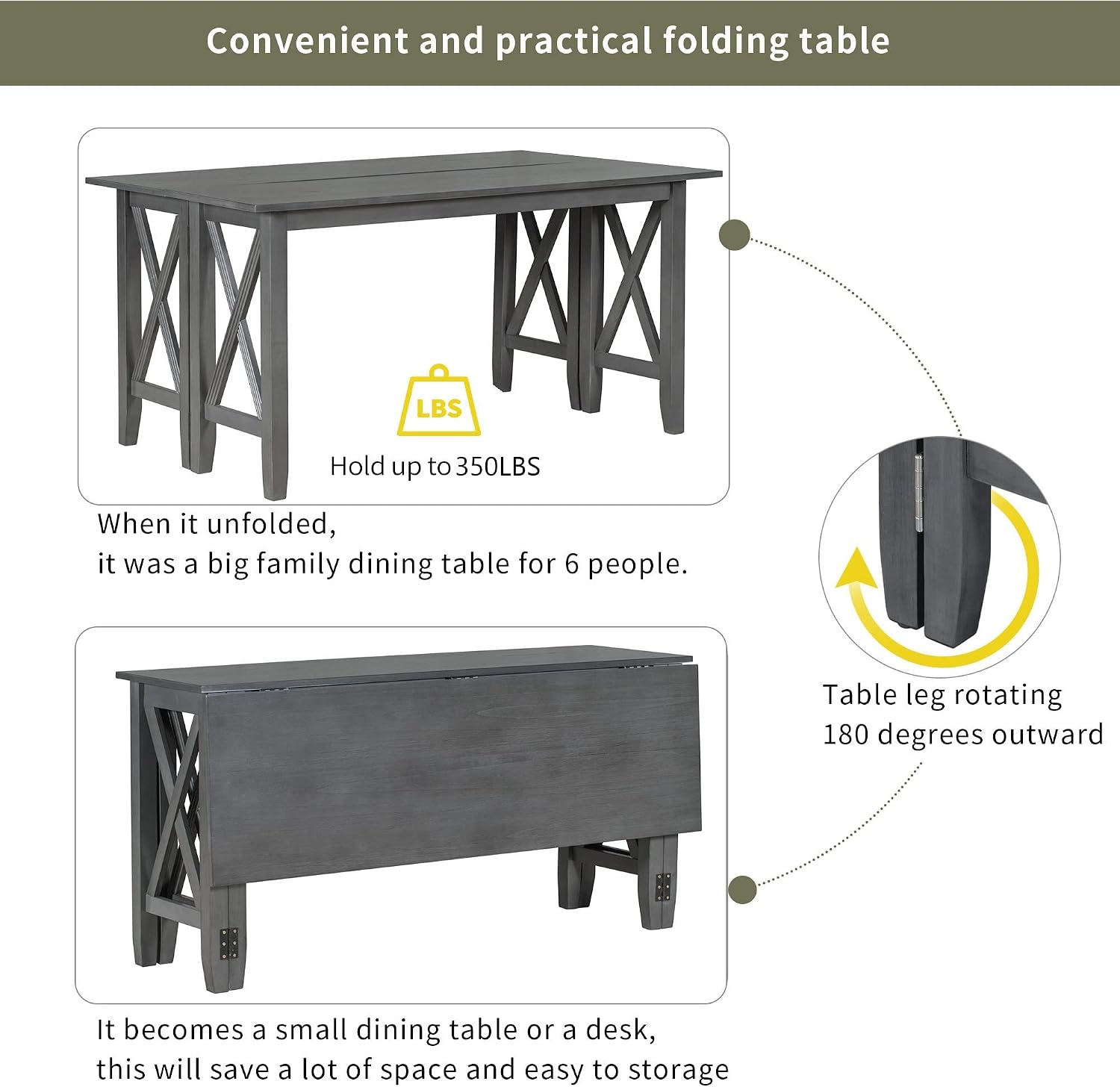 LUMISOL Foldable Kitchen Table Set with Bench and Chairs for 6, 6 Piece Dining Room Table Set with Upholstered Seating and Folding Table