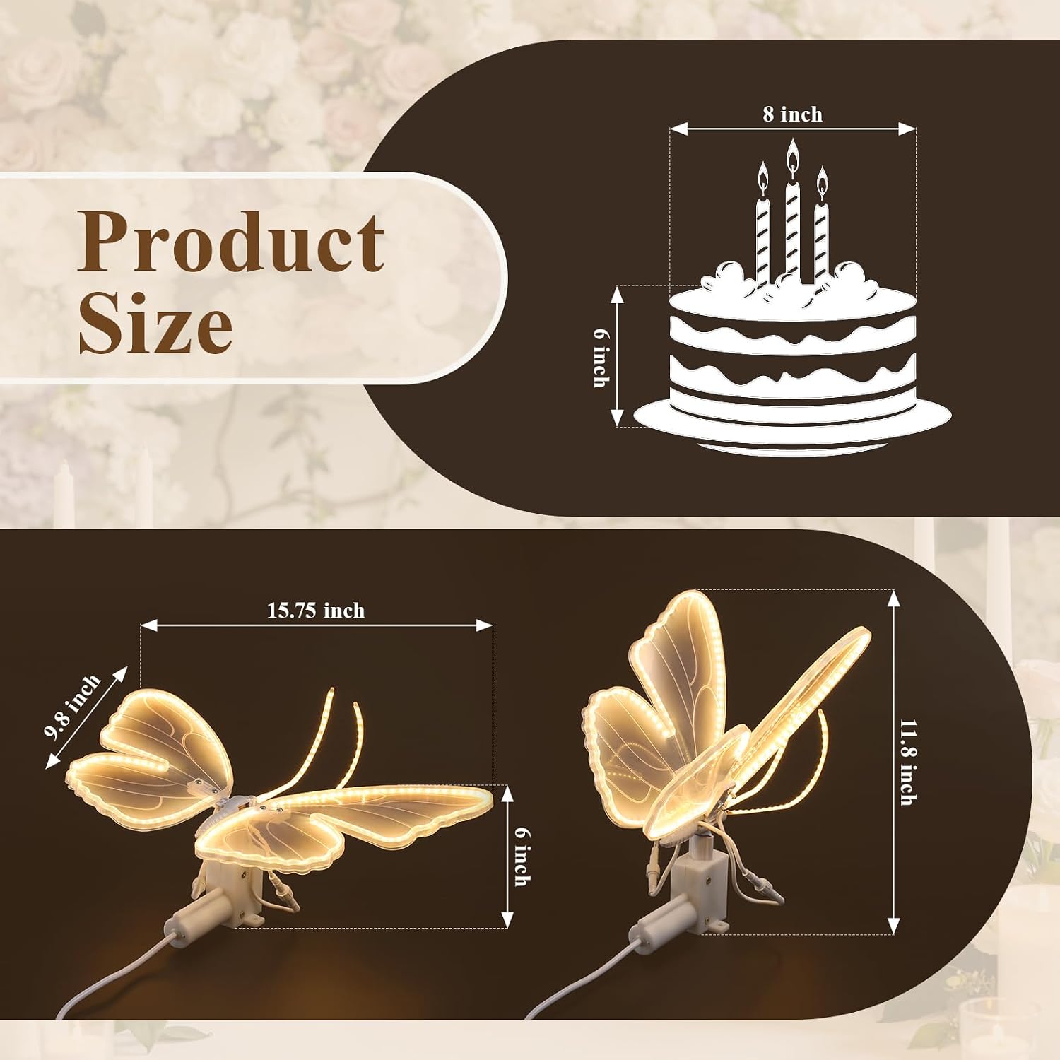 LED Moving Butterfly Light Decoration: Electric Wings Lamp for Wedding - Light Up Table Centerpiece & Wall Decor with Movement - Tying for Birthday Cake Party Baby Shower Christmas Tree (2, 9.8 inch)