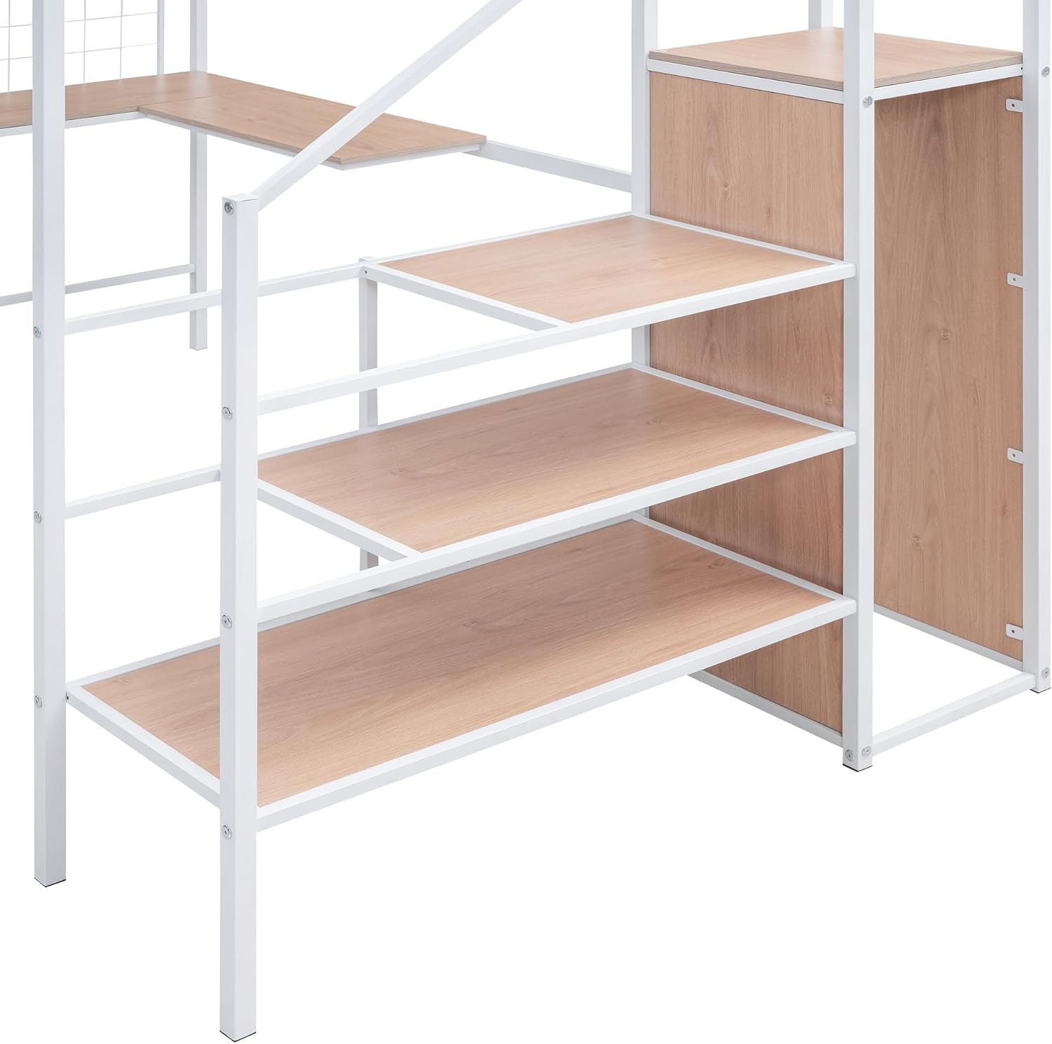 Metal Loft Bed with L-Shape Desk and Metal Grid, Lateral Storage Ladder and Wardrobe, Full Size Metal Frame Bed with Metal Slat Support and Guardrail, No Box Spring Needed (White-Wardrobe,Full)